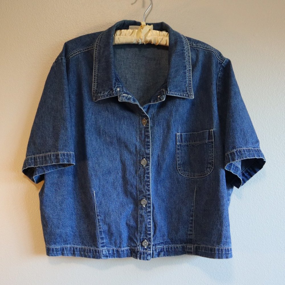 Studio Ease 100% Cotton Denim Short Sleeve Cropped Button Up Shirt Size 22/Large